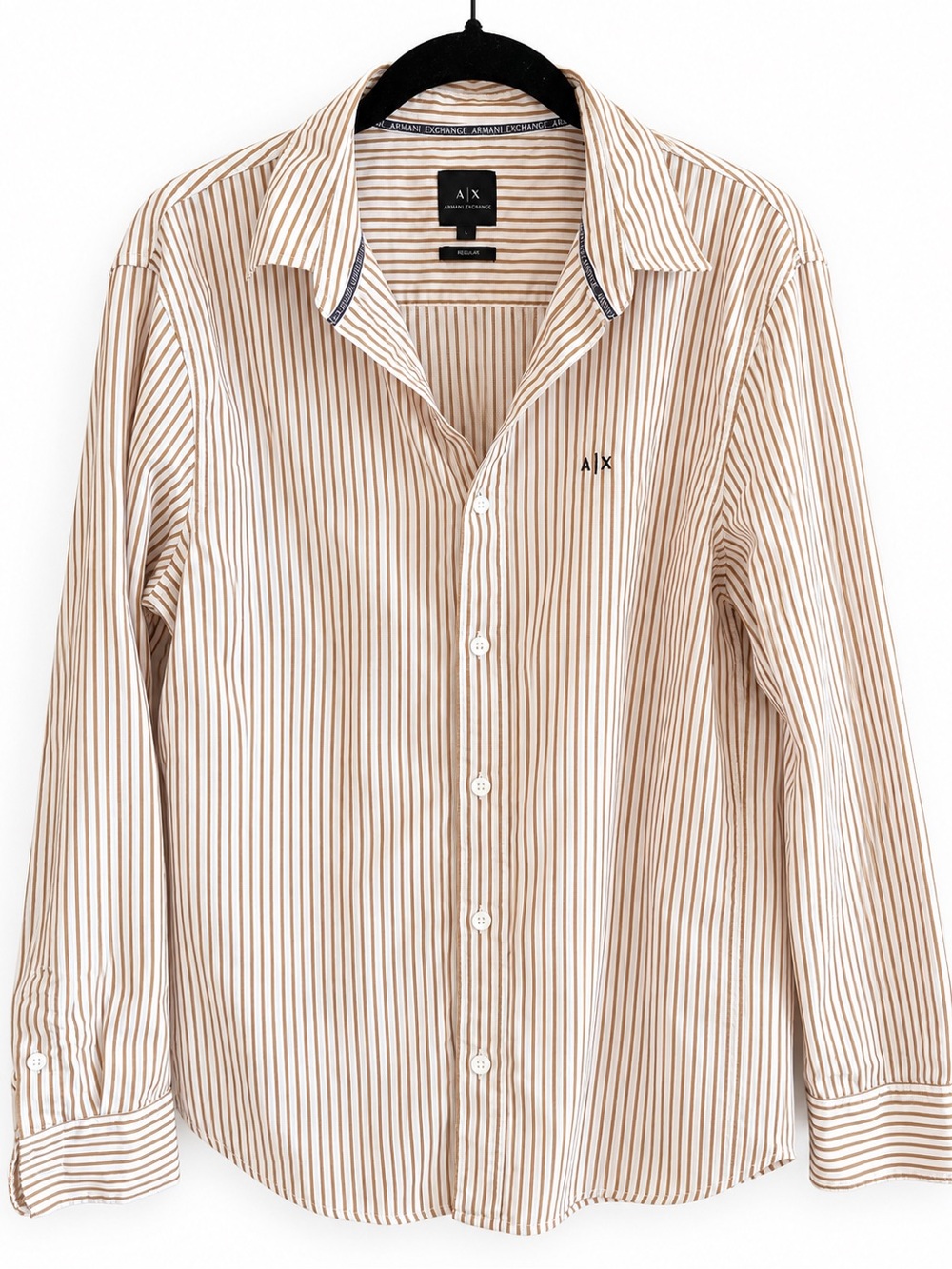 Armani Exchange Beige and White Striped Button-Up Shirt